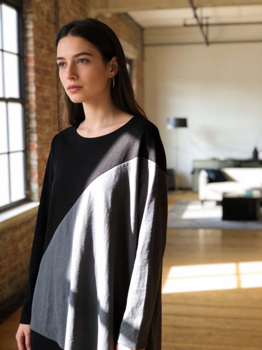 Slinky Brand Color Block Asymmetrical Long Sleeve Tunic Top